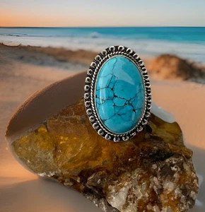 Anillo de piedras preciosas artesanales turquesa talla 8,5 - enchapado en plata 925 - nuevo - Imagen 1 de 5