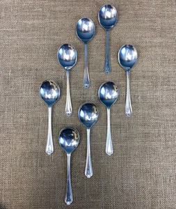 8 X VINTAGE GEORGE WOOD & SONS JESMOND PATTERN EPNS A1 SHEFFIELD SOUP SPOONS - Picture 1 of 5