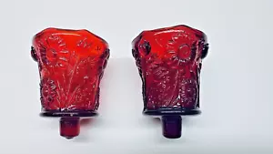 Vintage Pair Ruby Red Daisy Sunflower Glass Peg Tulip Votive Cups - Picture 1 of 5