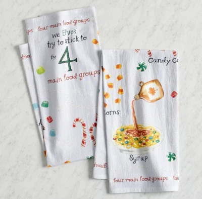 NWT Pottery Barn Elf Food Groups Kitchen Tea Hand Towels 20”x30” Set/2 Christmas - Image 1 of 4