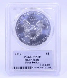 2017 P ARGENTO AMERICAN EAGLE PCGS MS70 PRIMO COLPO MERCANTI ETICHETTA FIRMATA 1/1000 - Foto 1 di 4