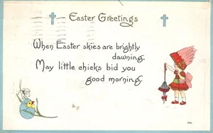 Easter Greetings Little Girl Umbrella & Hatching Chick 1917 Postcard - Bild 1 von 2