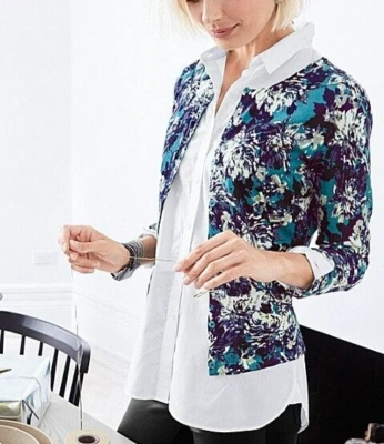 Cárdigan Suéter Azul Floral Garnet Hill Talla M 8 10 Signature Eco Lana Merino Foto 1 de 4