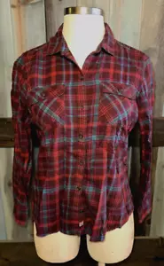 Top blusa Eddie Bauer viola bordeaux blu a quadri LS con bottoni L 10 12 14 - Foto 1 di 4