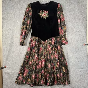 Vintage Fairygoth Kleid Damen 11/12 Blumen Samt Boho Cottagecore dunkel romantisch - Bild 1 von 15