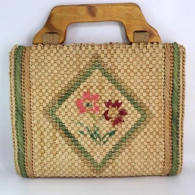 Bolso de mano de paja de verano de colección crema salvia forrado floral asas de madera forrado a presión Foto 1 de 4