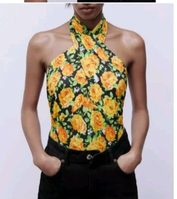 NEW Zara Bodysuit Top Twist Neck Floral Halter Black Yellow Keyhole Size Medium - Image 1 of 4