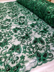 Emerald Green Lace Butterflies Sequins Mesh Prom Fabric Sold by the Yard Gown - Picture 1 of 11