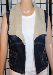 SUGAR MAGNOLIA  Women's Size 3 Fleece Trimmed Distressed Open Denim Jean Vest - Picture 1 of 12