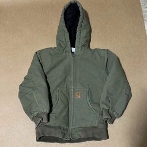Carhartt Youth Quilted Lining Jacket Boys Size 7 Green Canvas Hooded RN13706 - Picture 1 of 9