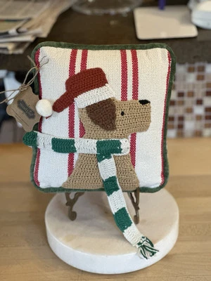 MUD PIE SIDE PROFILE DOG MINI 8"x8" CROCHET CHRISTMAS PILLOW NWT! - Image 1 of 4