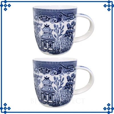 DUNLEVY Juego de 2 tazas de café de colección Blue Willow 340 ml de barril de café oriental