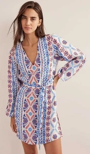 NWT Boden Linen V-Neck Tie Waist Mini Kaftan Beach Cover Up Dress Belted US 6R - Picture 1 of 12