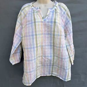 Talbots Gingham Plaid Rainbow Pastel 3/4 Sleeve Shirt Blouse Split Neck Size L ? - Picture 1 of 4