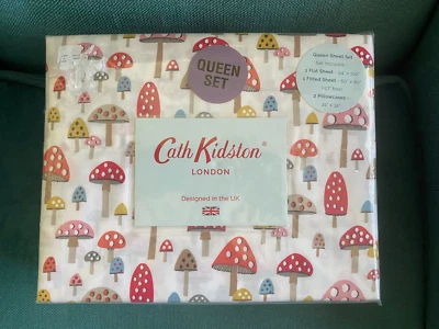 Cath Kidston London Mini Mushrooms Russet 4 pc Queen Sheet Set 100% Cotton