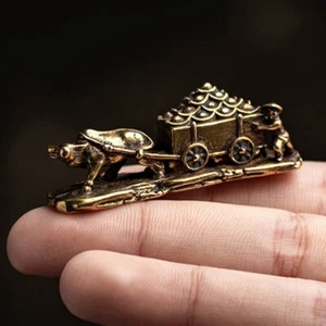 Antique Copper Ox Cart Figurines Miniatures Harvest Statue Desktop Feng Shui - Picture 1 of 6