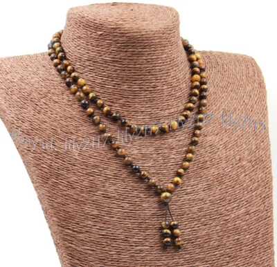 Collar Mala Budista Tibetano Ojo de Tigre Amarillo Piedras Preciosas Redondas 108 Cuentas de Oración Foto 1 de 4