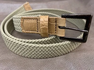 Beige Elasticated Plaited Braided Croc Real Leather Belt Buckle 33mm v11 - Picture 1 of 4