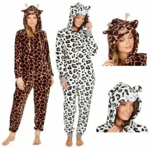 Femmes Combinaison Luxe Souple Corail Polaire à Capuche Animal Imprimé En Pyjama