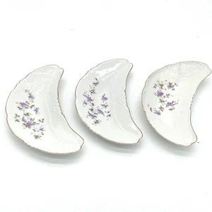 Atq German Austrian Porcelain Bone Dish Plates Purple Flowers Gold Trim Set of 3 - Picture 1 of 14