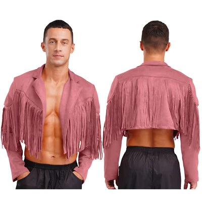Men's Fringe Faux Suede Leather Open Front Tassel Coats Western Cowboy Jacket - Image 1 of 3