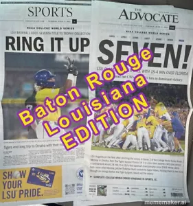 LSU Tigers Béisbol CWS Campeones EL ABOGADO Periódico Baton Rouge La EDICIÓN - Imagen 1 de 1