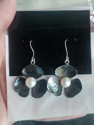 Pendientes colgantes de plata de ley con flores de perlas nuevos 925 Foto 1 de 4