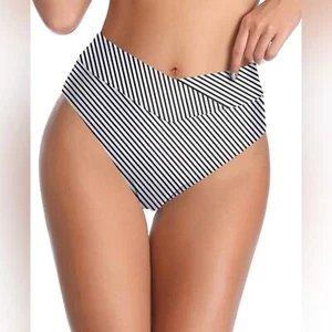 High Waisted Swim Bottoms V Crossover Bikini Bottoms High Cut Swimsuit Bottom L - Picture 1 of 14