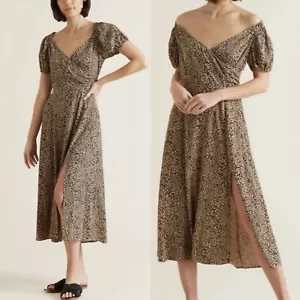 Seed Heritage Maxi Dress Womens 14 L Leopard Animal Print Puff Sleeves Slit Boho - Picture 1 of 12