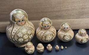 Vintage signierte Holz russische Matroschka verschachtelte Puppen (10) Poker Arbeit bemalt - Bild 1 von 7