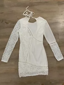 MIA cream ivory CROCHET lace Long Slv Mini Dress 12 Keyhole back lined - Picture 1 of 21