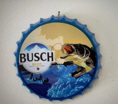 Busch Beer Brewed for Fishing 14" Metal Bottle Cap Wall Art Bar Mancave Decor - Image 1 of 2