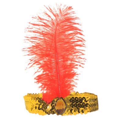 Diadema rugiente años 20 lentejuelas doradas corista aleta con pluma roja Foto 1 de 4