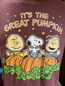 Unisex Adults PEANUTS Medium Burgundy "It's The Great Pumpkin" Short Sleeve Tee - Picture 1 of 9