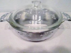Vtg Pyrex Clear Glass Bakeware Serving Bowl Lid Silver Chrome CUT OUT Pierced - Picture 1 of 12