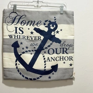 FJTZ Burlap Pillow Cover HOME IS WHEREVER YOU DROP YOUR ANCHOR Ivory Blue 17X17 - Picture 1 of 4