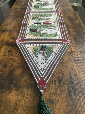 Tapestry Winter Snowman/Christmas  Tasseled Table Runner  13x72” - Image 1 of 4