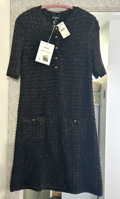 AUTÉNTICO VESTIDO NEGRO CHANEL CON VESTIDO ELÁSTICO TEJIDO TONO DORADO - HERMOSO, ELEGANTE Foto 1 de 4