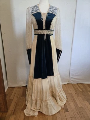vintage dress Gunne Sax Jessica cream cotton blue velvet maxi gorgeous! size 9 - Image 1 of 4