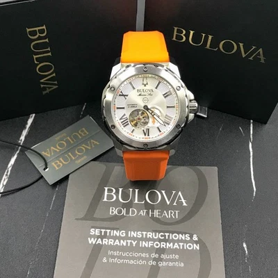 Bulova Marine Star 98A226 Automatic Men's Silver Dial Orange Rubber Strap Watch - Image 1 of 4