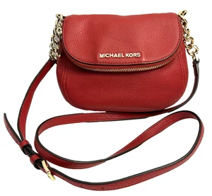 Michael Kors Logo Red Leather Shoulder Crossbody Purse Bag Gold Chaine - Picture 1 of 13