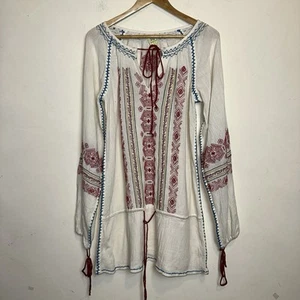Vintage Free People Womens 10 Peasant Boho Embroidered Floral Festival Tunic Top - Picture 1 of 11
