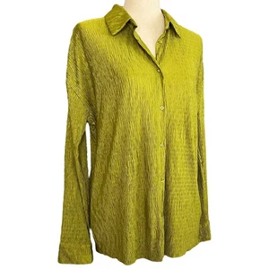 Bailey 44 Long Sleeve Button Up Top Size M Chartreuse Green Crinkle Quiet Luxury - Picture 1 of 11