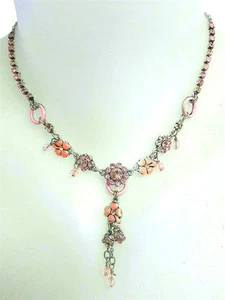 VINTAGE NEU PILGRIM VERSILBERTE KETTE HALSKETTE ROSA KRISTALLE EMAILLE BLUMEN - Bild 1 von 1