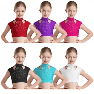 Kinder Mädchen Crop Top Tanz Tanzkleidung Eiskunstlauf Weste Mode T-Shirts glänzend - Bild 1 von 60
