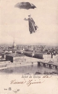 TORINO - Saluti, Mary Poppins, Donna Volante con Ombrello, Cartolina - Foto 1 di 2