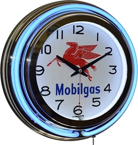 15" Mobil Gas Oil Pegasus Sign Blue Double Neon Clock Garage Man Cave Mobilgas - Bild 1 von 2