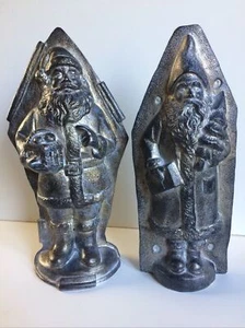 SET Belsnickle Santa Claus Tree Tin Style Silver Resin Chocolate Mold Figurine - Picture 1 of 9