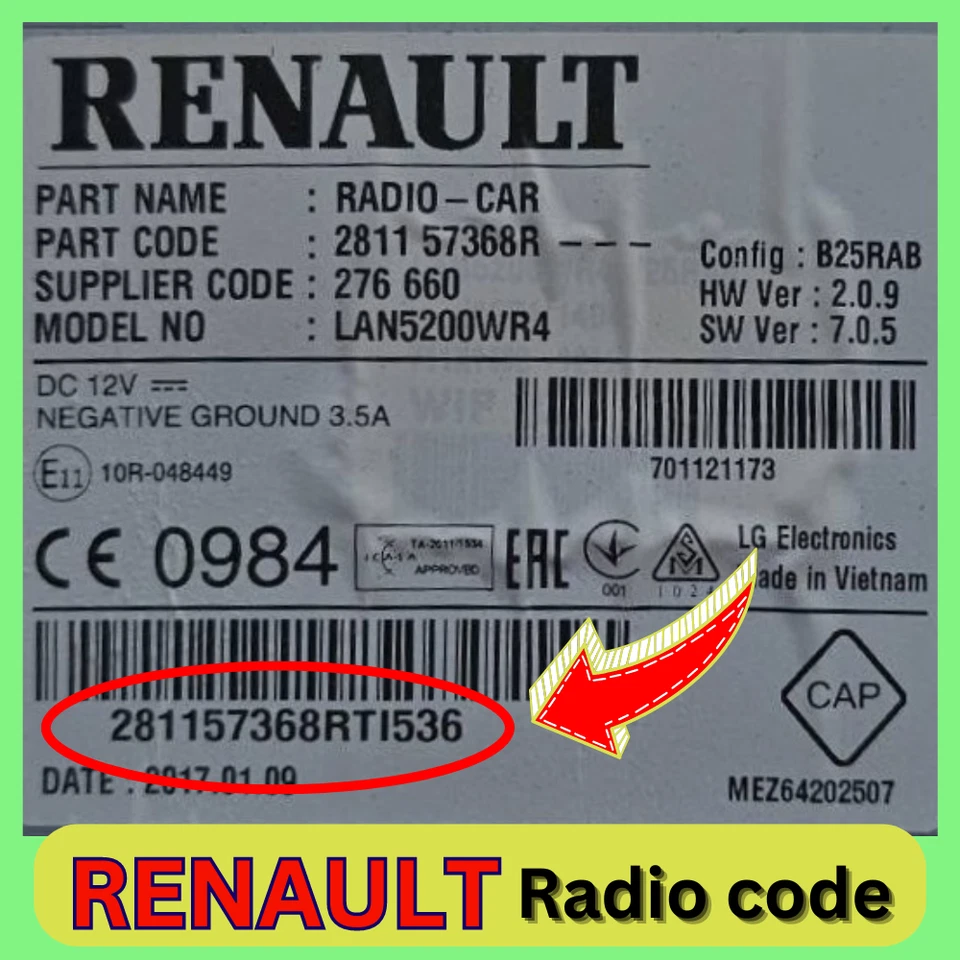 Unlock Code for Renault Master Clio Trafic Megane Twingo Scenic Modus Radio Code - Image 1 of 1