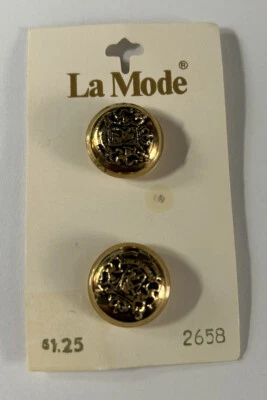 VINTAGE ~ La Mode Buttons #2658 19 mm 3/4" Ant. Gold Card of 2 - Made IN USA - Image 1 of 3